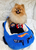 Megatoys Hot Wheels Plush Car Pet Bed- Themed Blue Plush Pet Bed for Dogs and Cats – Comfortable Pet Bed with Toy Steering Wheel and Tire Car Design