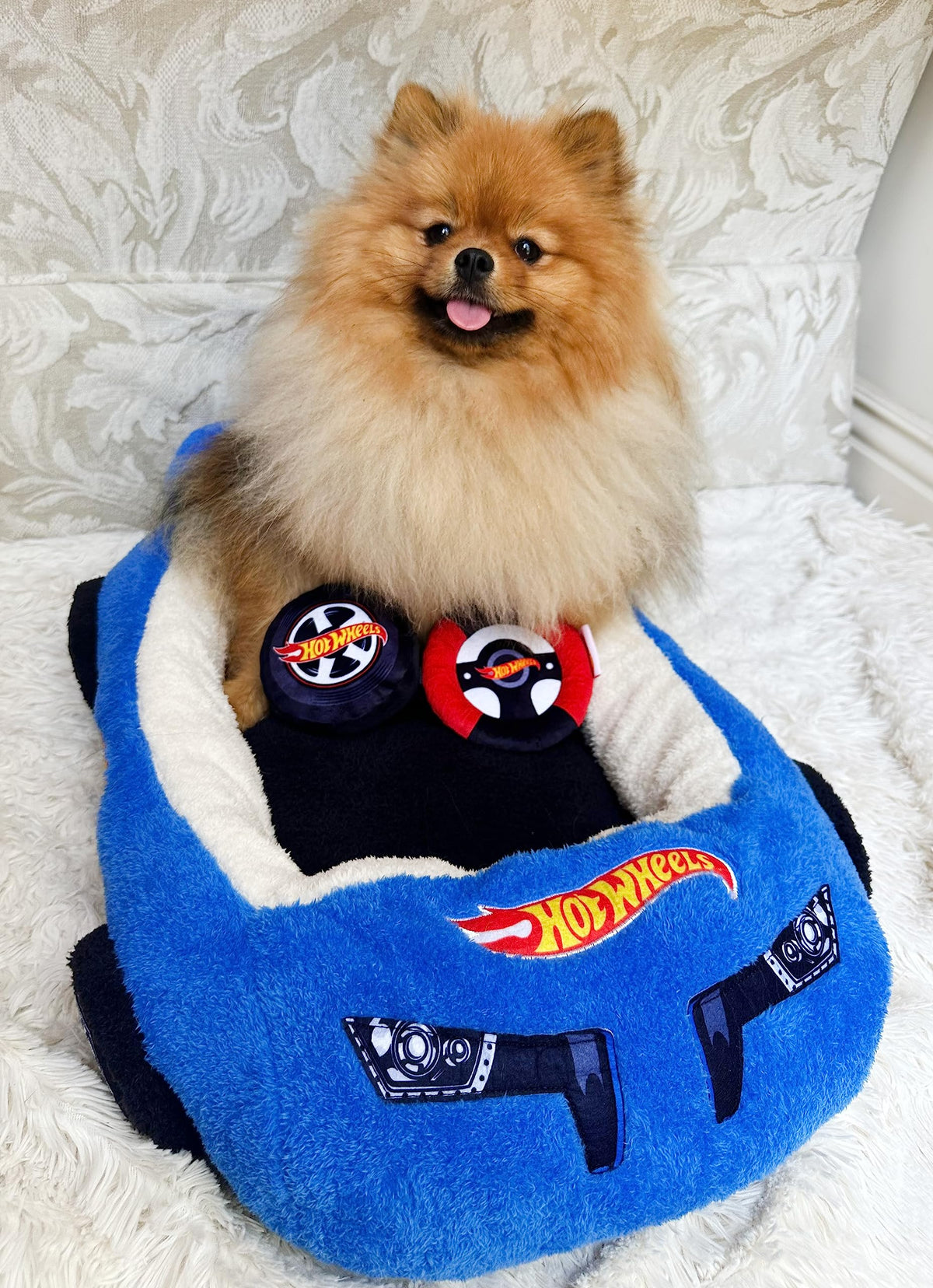 Megatoys Hot Wheels Plush Car Pet Bed- Themed Blue Plush Pet Bed for Dogs and Cats – Comfortable Pet Bed with Toy Steering Wheel and Tire Car Design